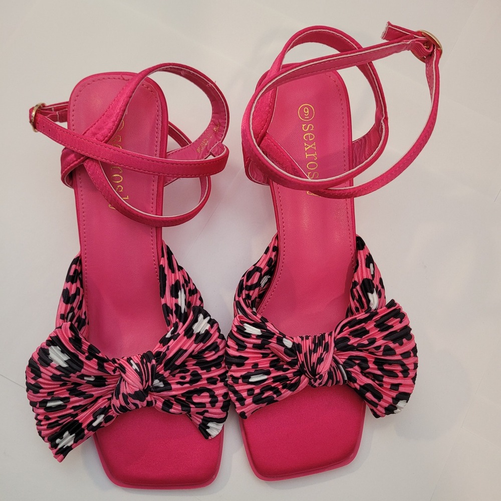 Sexrosly Block Heel Sandals Womens‎ 9 Pink Leopard Bow Ankle Strap New - Picture 4 of 8